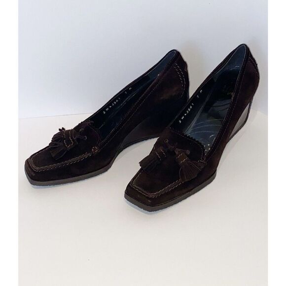 Stuart Weitzman Wedge Loafer Heel Suede Tassel Size 7 Classic Brown Y2K Retro - Picture 1 of 16
